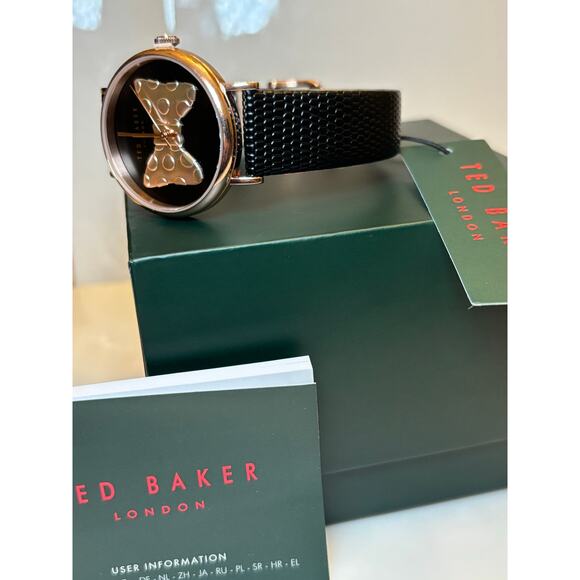 Ted Baker Phylipa Ladies Black Lizard Leather Strap Watch/Rose Gold Bow-Tie - Picture 4 of 16